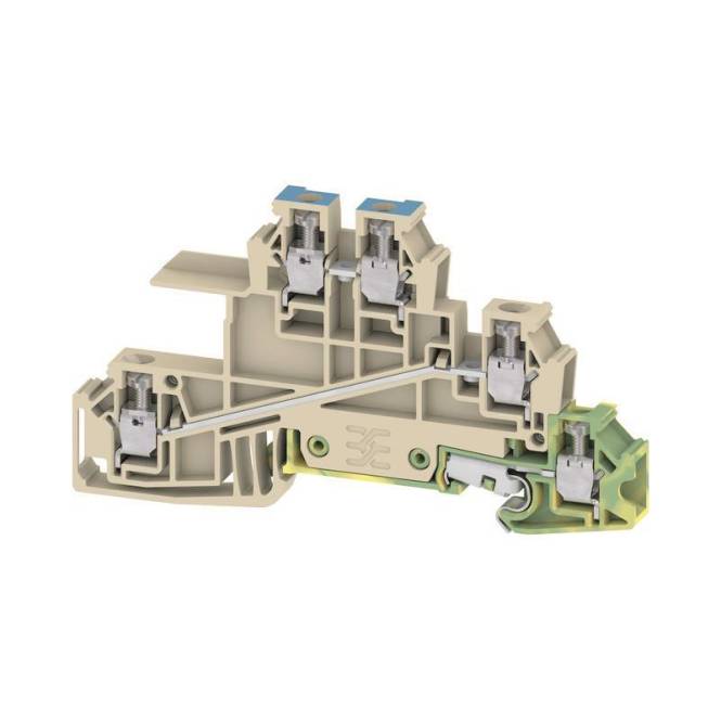 Klemmblock mit mehreren Anschlüssen, beige Farbe, für die elektrische Verdrahtung in einer Leiterplattenkonfiguration ausgelegt.