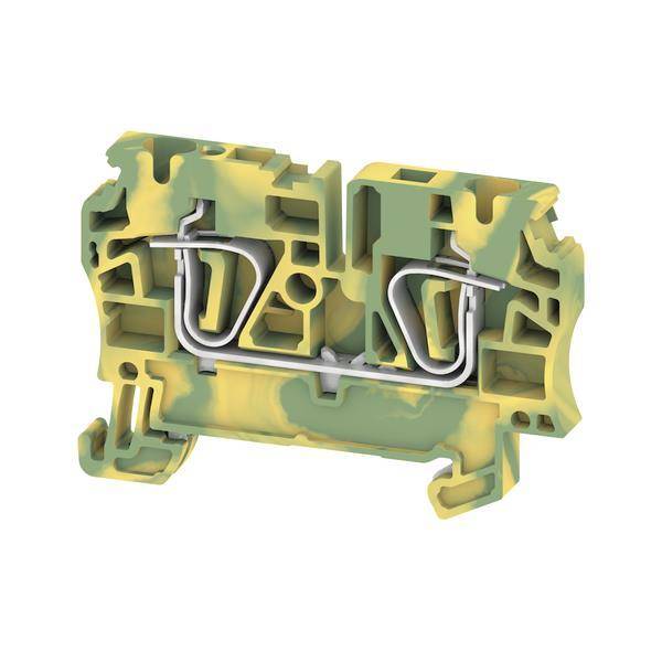 Eine Nahaufnahme eines gelb-grünen Klemmblocks mit Metallverbindern, die seine interne Struktur und sein Design zeigt.
