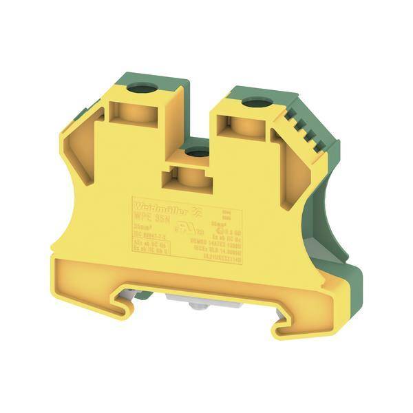 Ein gelb-grünes Anschlussklemmbloch mit zwei Drahteinführungspunkten oben und einem klaren Beschriftungsbereich an der Vorderseite.