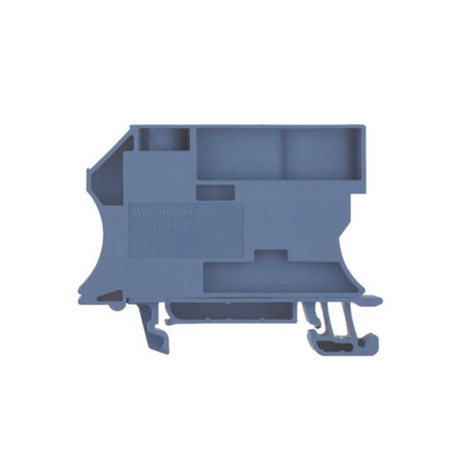 Ein blauer Klemmleistenkomponent mit mehreren Anschlüssen und Steckplätzen, das für die elektrische Verdrahtung in industriellen Anwendungen verwendet wird.