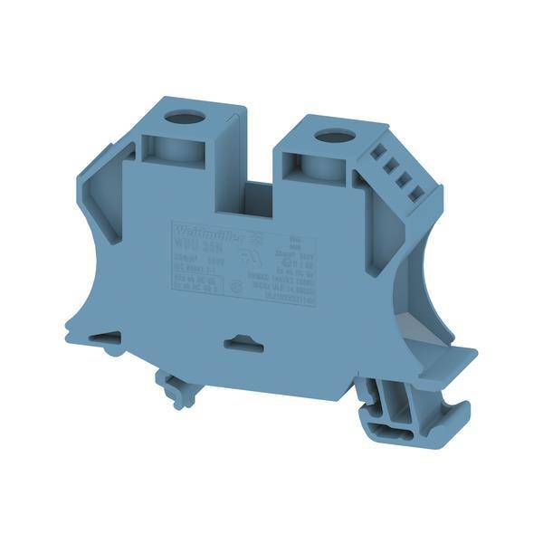 Ein blauer Stromverteilungsklemmenblock mit zwei Anschlusspunkten, der zur Montage auf einer DIN-Schiene ausgelegt ist.