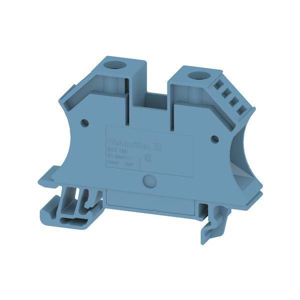 Ein hellblaues Elektrikerterminal mit mehreren Eintrittsöffnungen für Drähte, das für sichere Verbindungen und die Montage auf einer DIN-Schiene konzipiert ist.