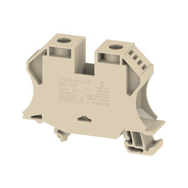 Ein beiges Klemmleistenblock mit mehreren Anschllusspunkten, der für elektrische oder elektronische Verdrahtung ausgelegt ist. Er ist für eine einfache DIN-Schienenmontage geformt.