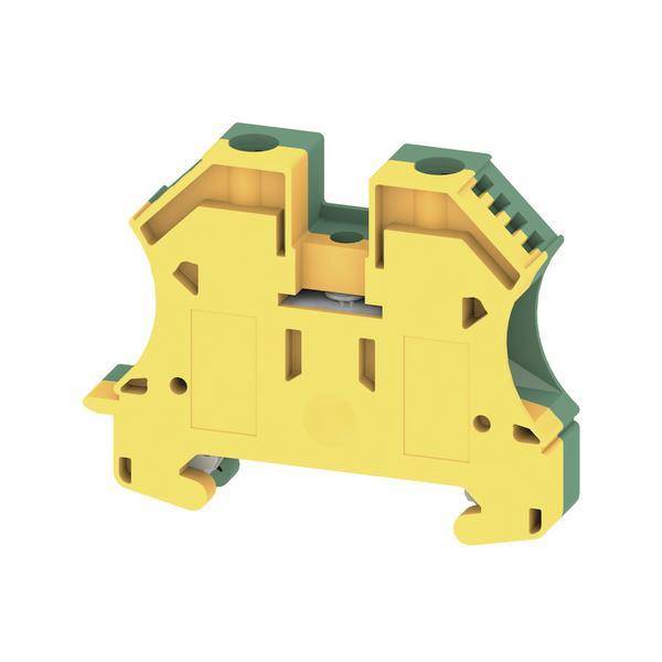 Ein gelbes und grünes elektrisches DIN-Schienenklemmenblock mit zwei Anschlussdrähten, das für sichere Drahtverbindungen in elektrischen Systemen verwendet wird.