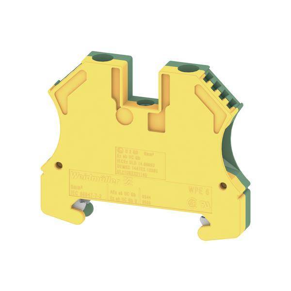 Ein gelb-grüner elektrischer Klemmblock mit der sichtbaren Aufschrift 