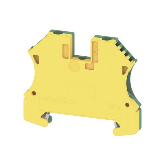 Gelber Elektroklemmenblock mit grünen Kanten, verwendet für Verdrahtungsverbindungen in Elektrosystemen, von der Seite betrachtet.