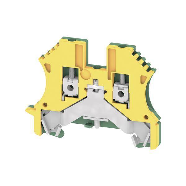 Ein gelbes und grünes Elektroklemmenblock mit Metallkonnektoren, entworfen zum Unterbringen und Sichern von Verdrahtungsverbindungen.