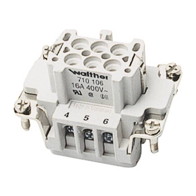 Ein grauer Walther-Industriestecker mit der Bezeichnung '710 106 16A 400V'. Er zeigt Anschllusspunkte mit den Beschriftungen 4, 5, 6.