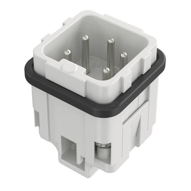 Ein weißer rechteckiger Elektrostecker mit sechs Metallstiften und einer schwarzen Gummidichtung, entwickelt für sichere elektronische Verbindungen.