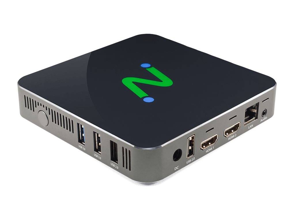 Ein kleines schwarzes Streaming-Gerät mit mehreren USB- und HDMI-Anschlüssen, das oben ein blaues und grünes 