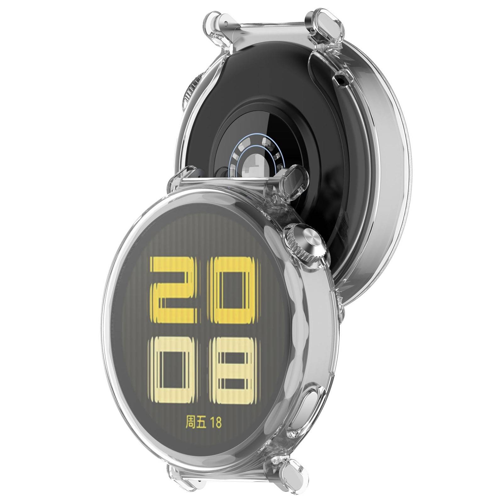 Eine runde Smartwatch mit transparantem Gehäuse, die die digitale Uhrzeit 20:08 anzeigt, mit kleinem chinesischem Text für Wochentag und Datum auf dem Display.