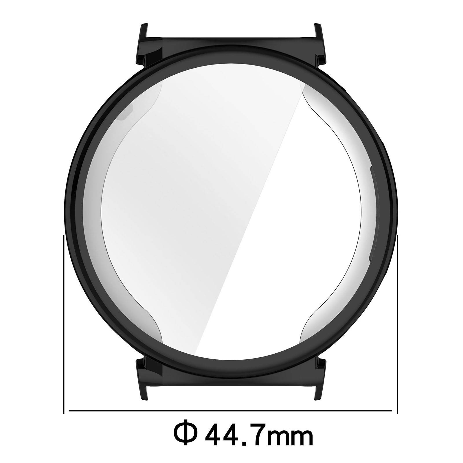 Rundes Uhrglas mit schwarzem Lünetten-/Gehäuserand, mit Durchmesser φ44,7 mm gekennzeichnet.