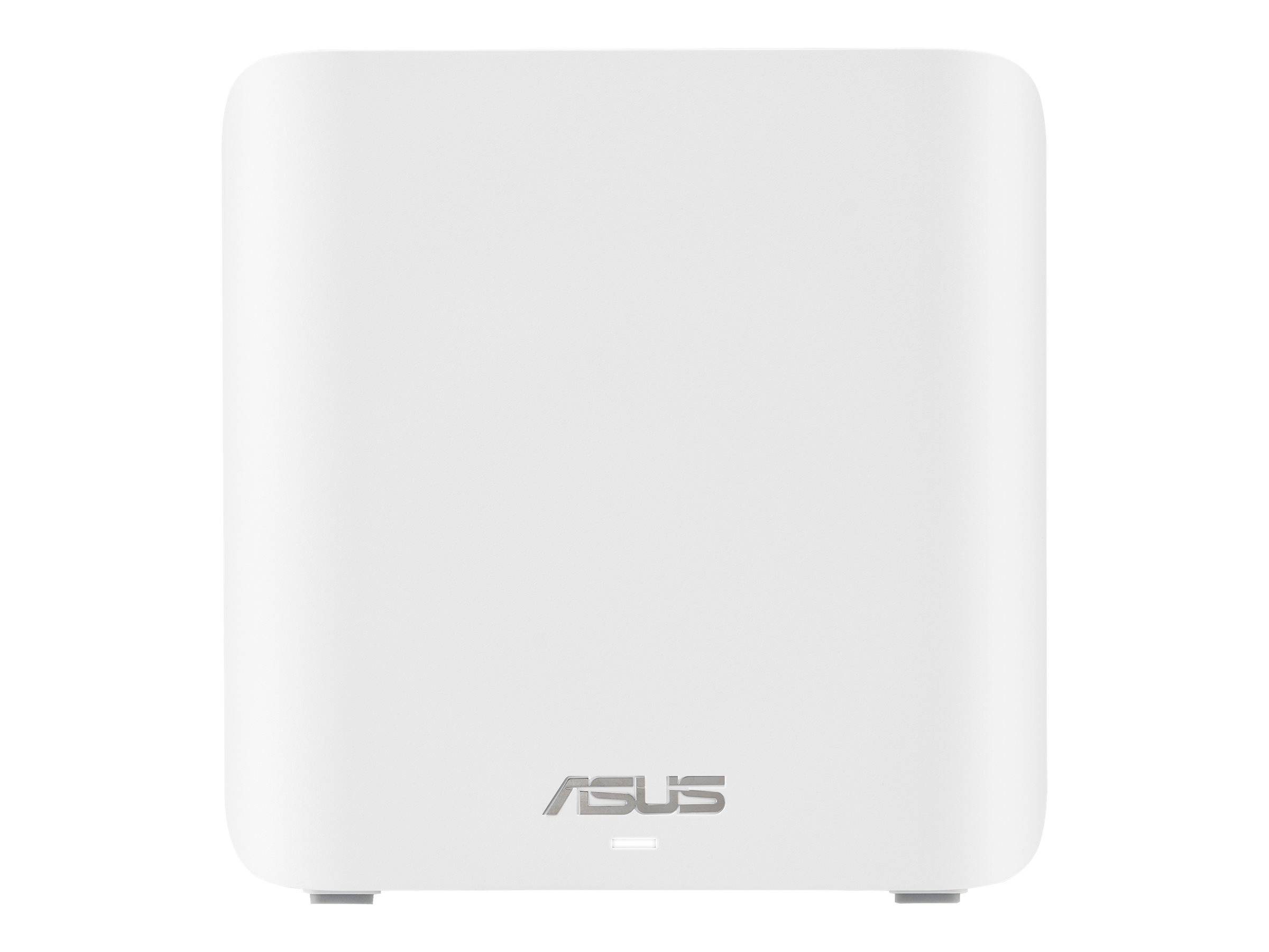 Weißer ASUS-Wireless-Router von vorne gezeigt mit minimalem quadratischem Design und Logo in der Mitte nahe des unteren Randes.