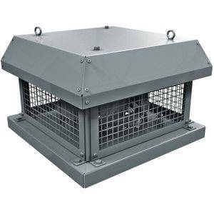 Gehäuse eines Belüftungsventilators aus grauem Metall mit Drahtgeflecht-Seitenwänden und Anschlagösen oben.
