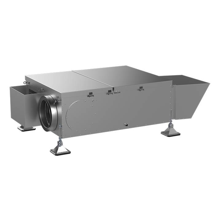 Industrielle HVAC-Lüftungsanlage mit Kanalverbindung, rechteckigem Metallgehäuse und bodenmontiertem Ständer.