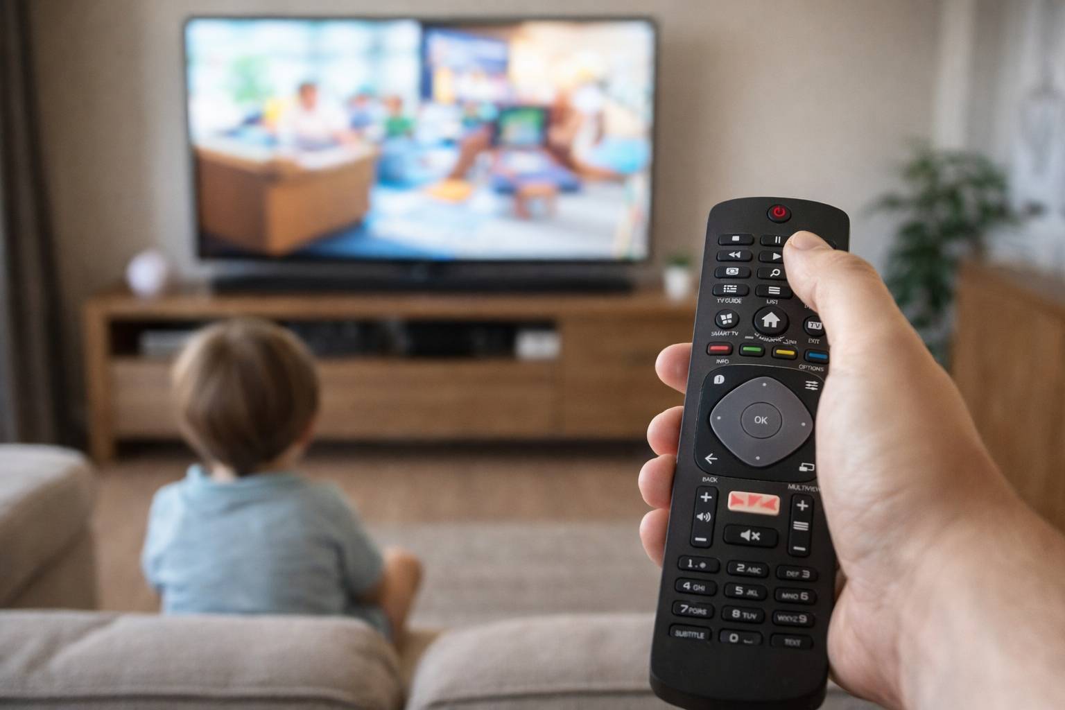 Eine Fernbedienung wird auf einen Fernseher gerichtet, der eine unscharfe Familienszene zeigt. Ein Kind sitzt auf dem Boden und schaut aufmerksam auf den Bildschirm.
