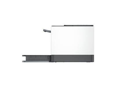 Ein kompakter Drucker in Weiß und Schwarz mit einem teilweise ausgefahrenen Papierfach.