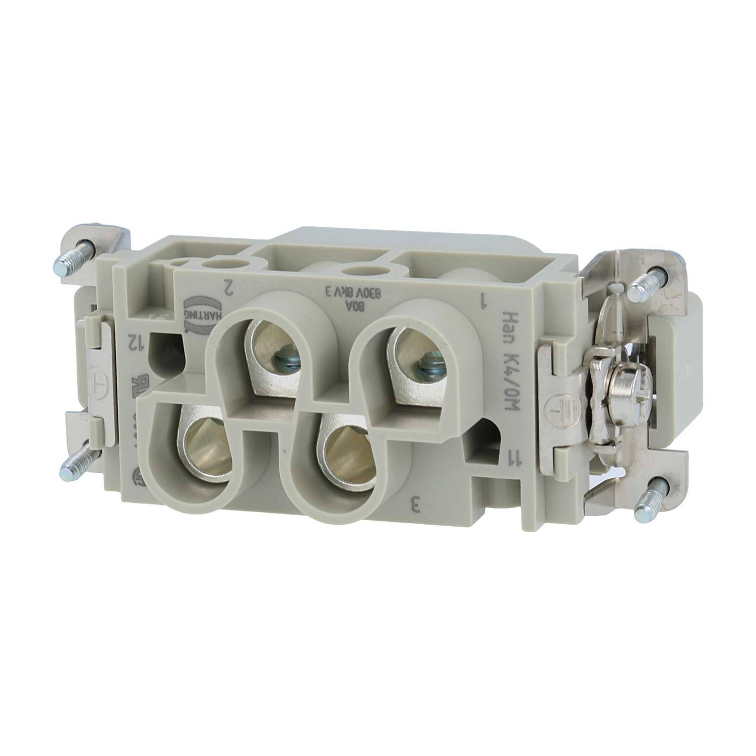 Robuster Elektrostecker, rechteckige Form mit drei kreisförmigen Buchsen, gesichert durch Metallverriegelungen an den Seiten.