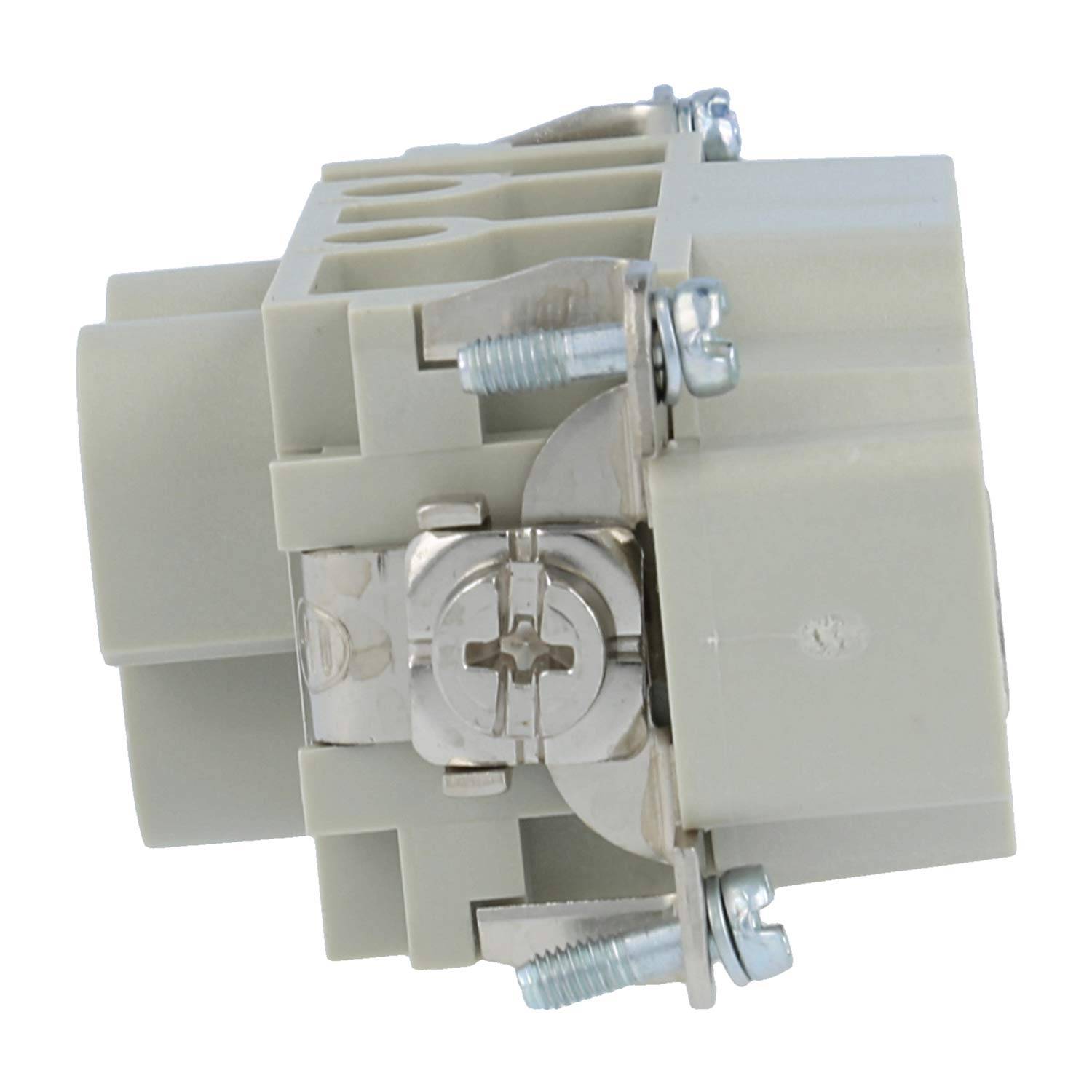 Industrieller elektrischer Steckverbinder, beiges Gehäuse, mit Metallschrauben und Spannmechanismus, wird für Drahtverbindungen verwendet.