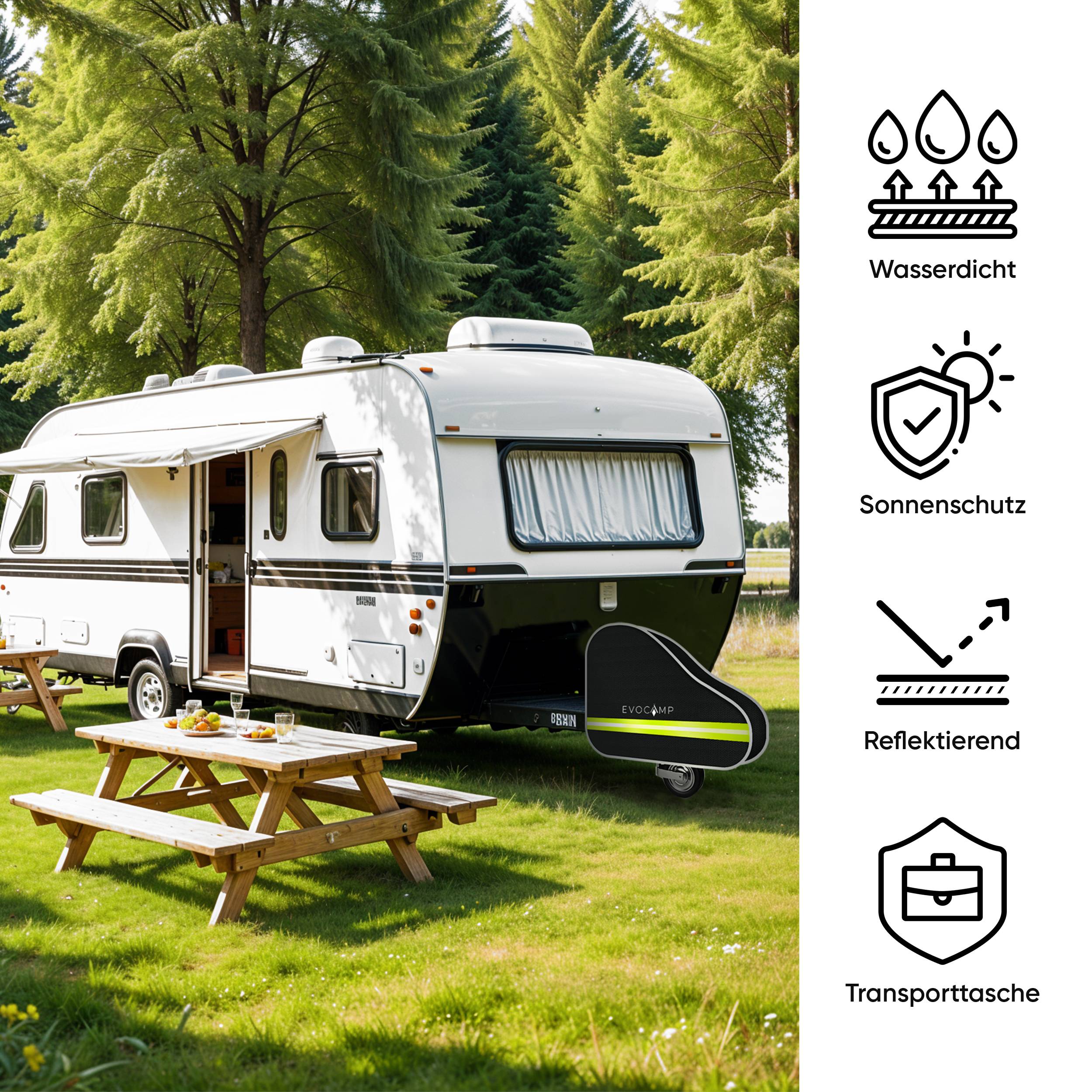 EVOCAMP Deichselabdeckung für Wohnwagen – Wasserdichte Anhängerdeichsel Abdeckung mit reflektierenden Streifen – Ideal für Anhänger, Pferde- &