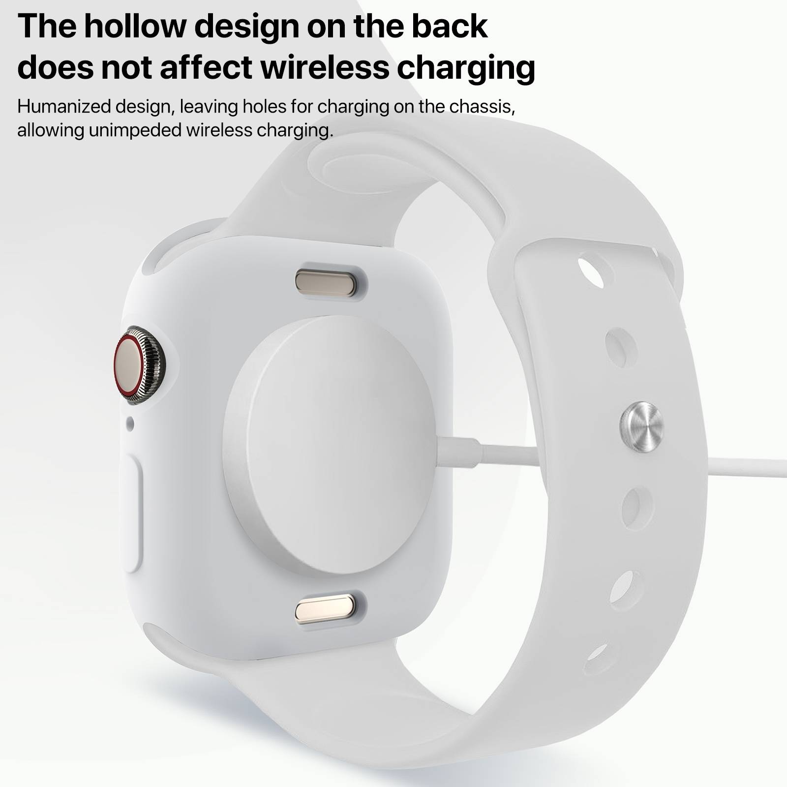 Weiße Smartwatch mit hohlem Rückendesign auf Ladedock, das zeigt, dass kabelloses Laden durch das offene Gehäuse funktioniert.