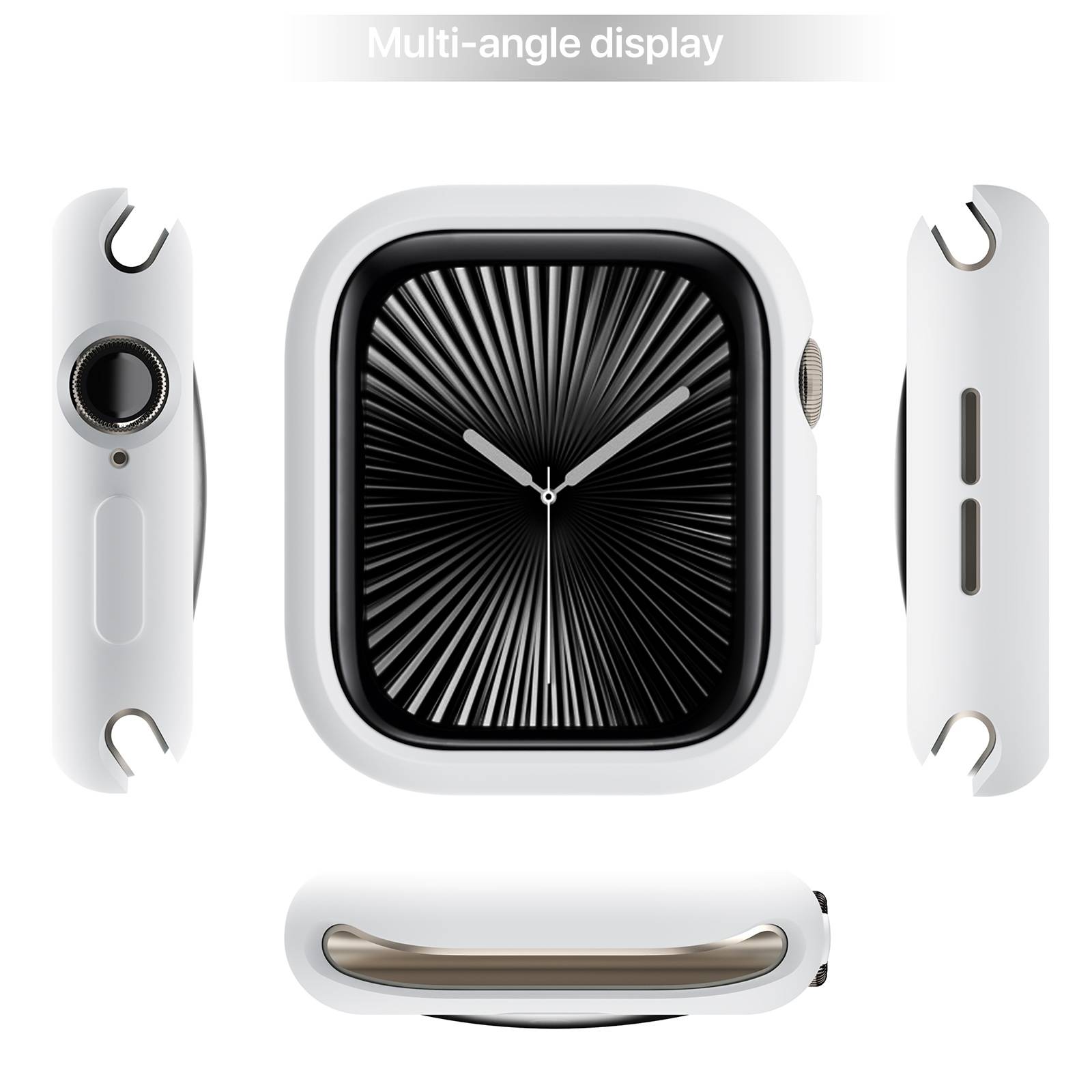 Apple Watch aus mehreren Winkeln gezeigt: vorderes Zifferblatt mit schwarzem Zifferblatt, Seitenansichten und Unteransicht, die das Design und die Bedienelemente der Uhr hervorheben.