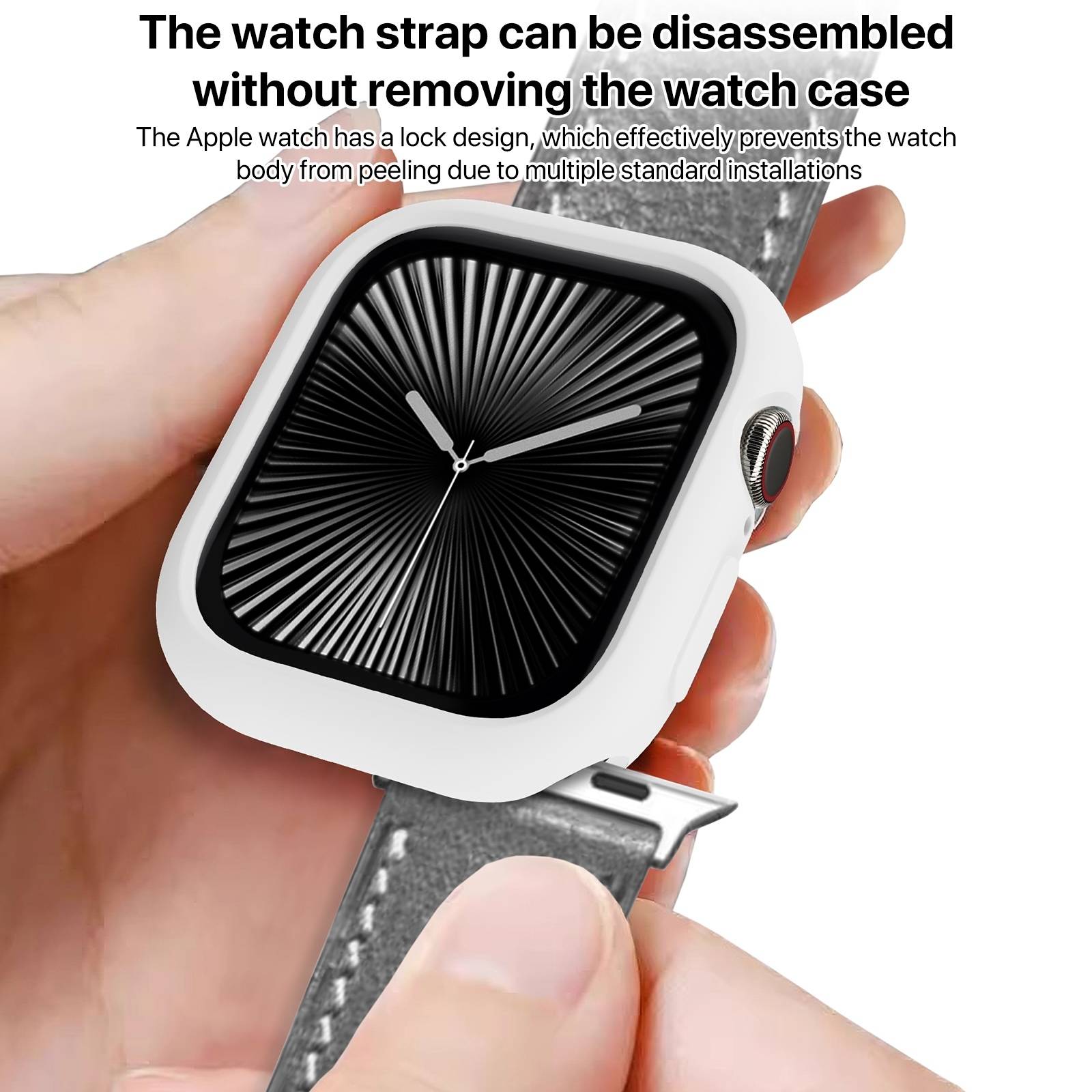 Hand, die eine Apple Watch mit grauem Armband hält, wobei das Armband abgelöst wird und Text angezeigt wird, dass das Uhrenarmband ohne Entfernung des Uhrengehäuses zerlegt werden kann.