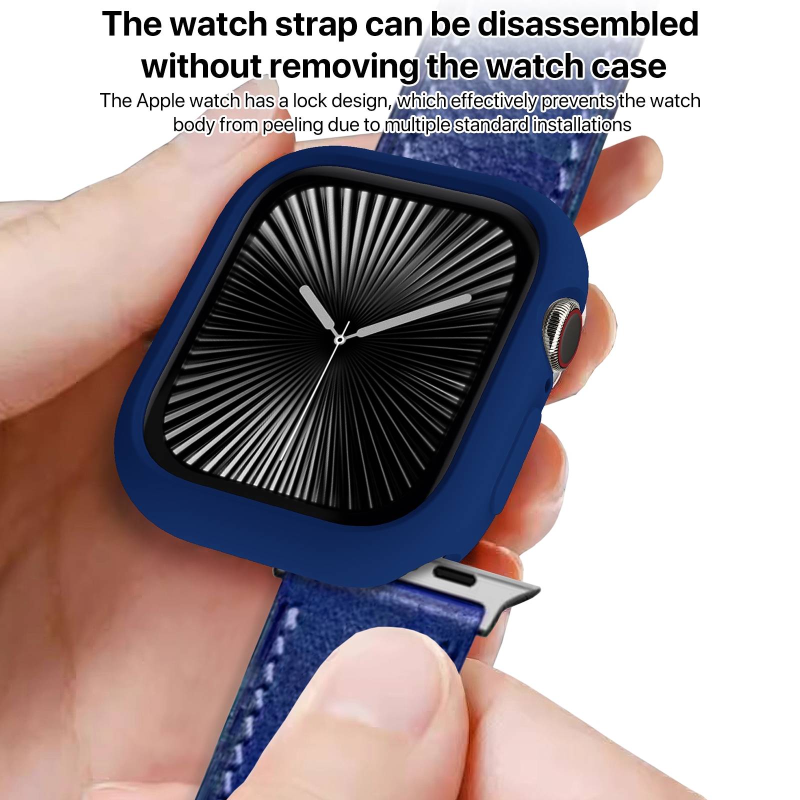 Eine Hand zieht ein blaues Apple Watch-Armband aus dem Gehäuse, um zu zeigen, dass es demontiert werden kann, ohne das Uhrengehäuse zu entfernen; der Text erläutert, dass das Schlosssystem ein Abziehen verhindert.