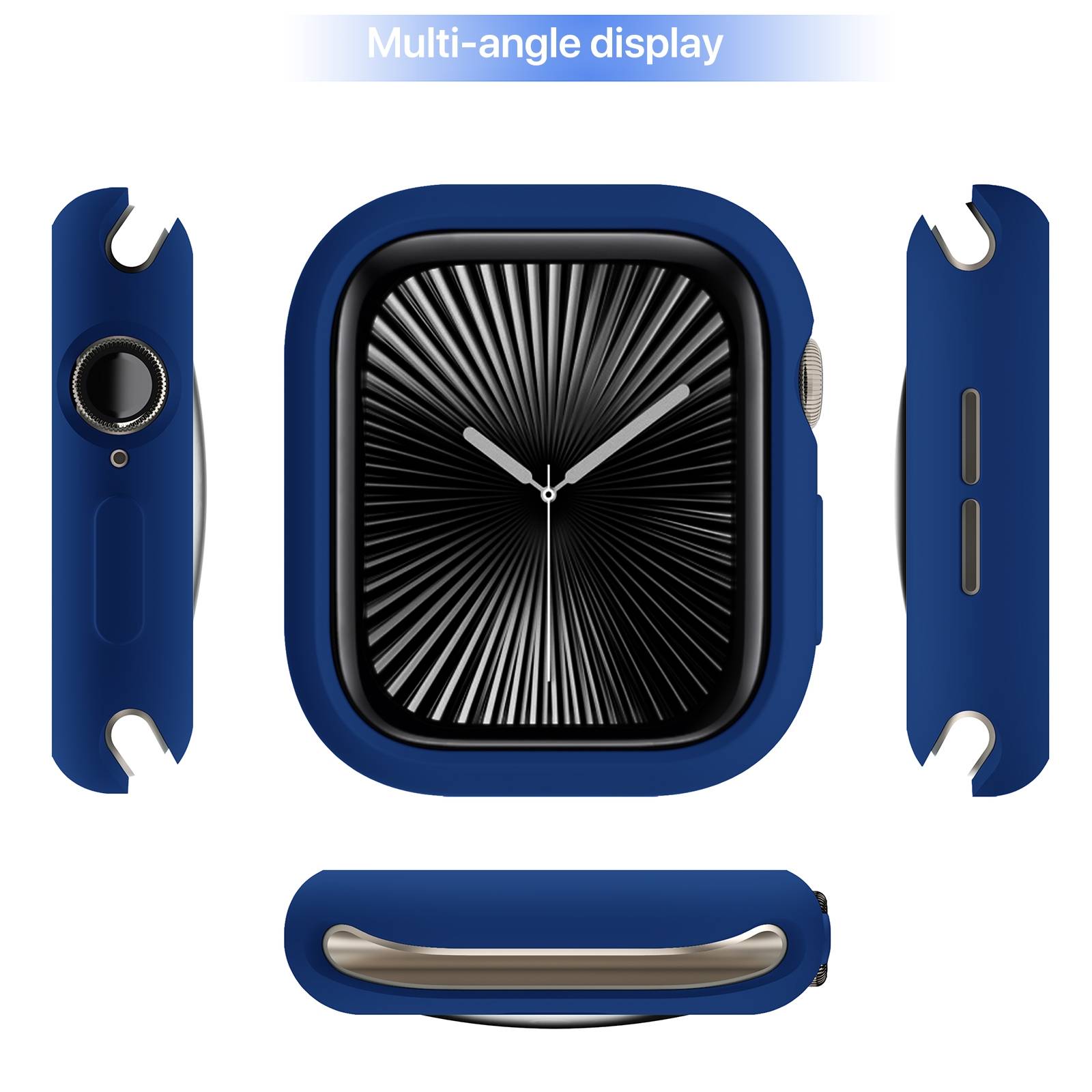 Blaue Smartwatch aus mehreren Blickwinkeln dargestellt, mit quadratischem schwarzem Zifferblatt und blauem Gehäuse; oben steht die Aufschrift „Multi-Angle-Display