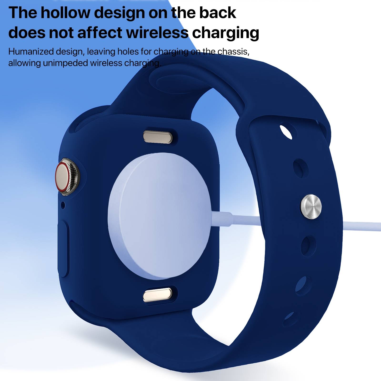 Blaue Smartwatch mit hohlem Rückendesign, das kabelloses Laden ermöglicht, mit Text, das besagt, dass die Ladebohrungen das Laden nicht beeinträchtigen.