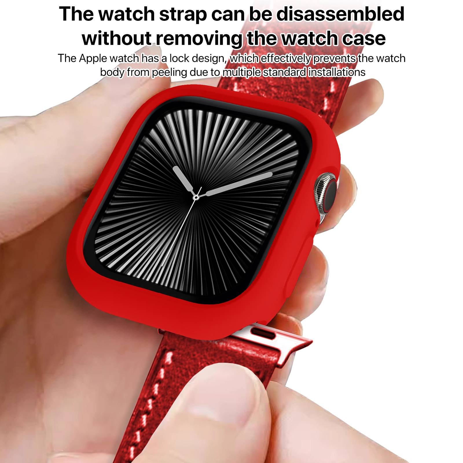 Hand hält eine rote Apple Watch mit dem Armband, das gerade abgelöst wird; der Text besagt, dass das Uhrenarmband ohne Entfernung des Uhrengehäuses zerlegt werden kann.