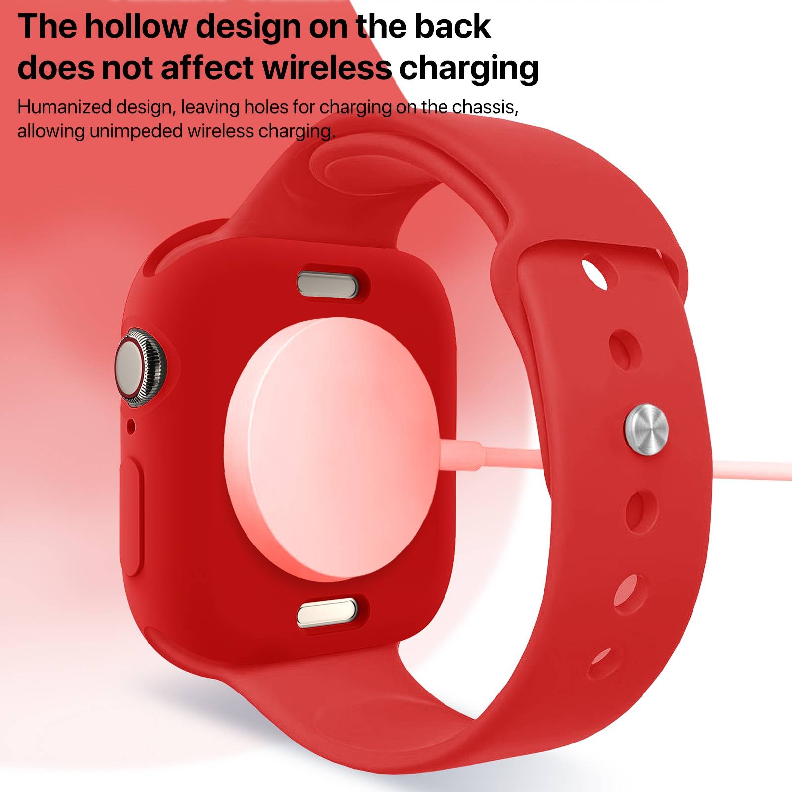 Rote Smartwatch-Hülle mit hohler Rückseite beim kabellosen Laden gezeigt, die zeigt, dass das Ausschnittdesign das Laden nicht blockiert.