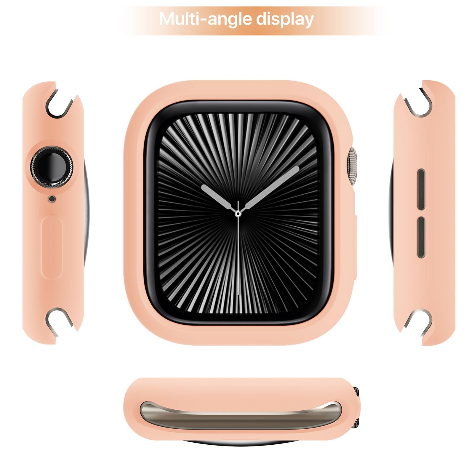Peach Apple Watch aus mehreren Blickwinkeln gezeigt, mit Hervorhebung des Bildschirms, der Seitentaste, der Digital Crown und der Bandbefestigung.