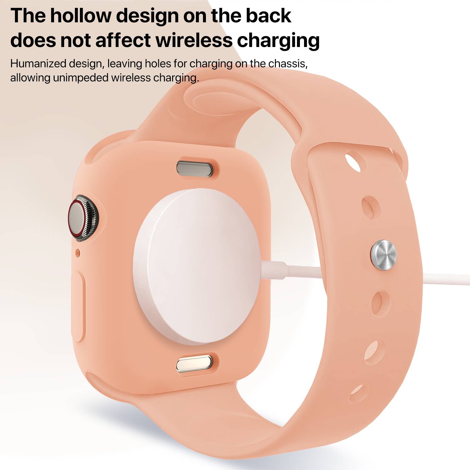 Rosa Smartwatch mit hohlem Rückendesign auf dem Ladegerät, das zeigt, dass das kabellose Laden trotz der Aussparung noch funktioniert.