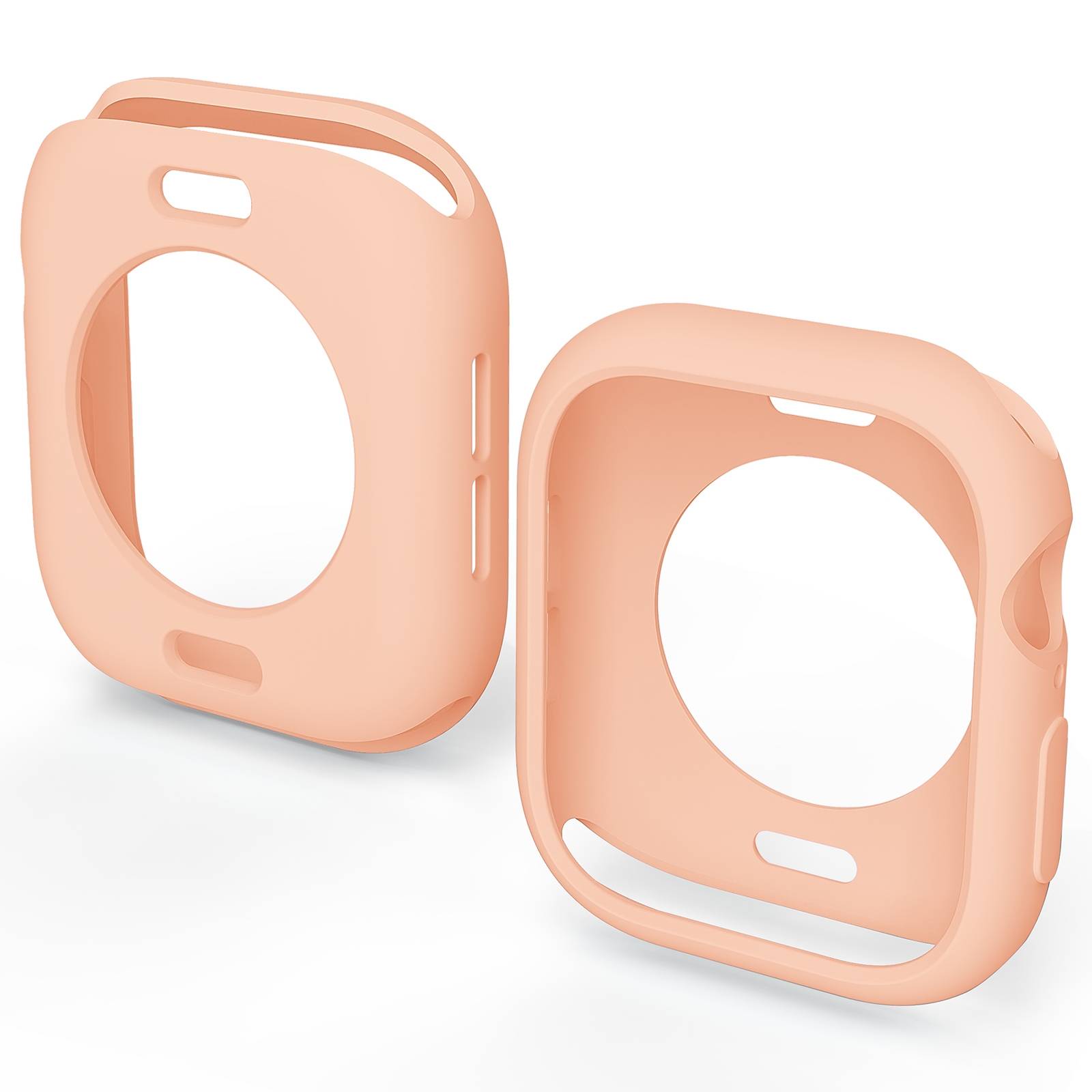 Zwei pfirsichfarbene Schutzhüllen für eine quadratische Smartwatch, gezeigt von vorne und in Schrägansicht auf weißem Hintergrund.