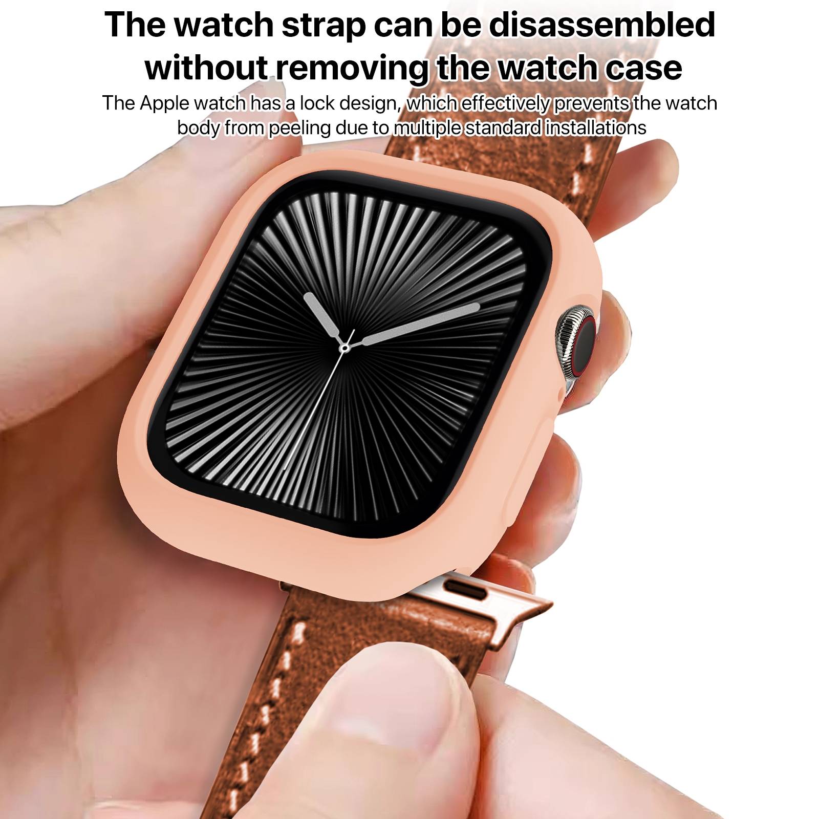 Hand hält eine Apple Watch in einem rosa Gehäuse mit einem braunen Armband, das gerade abgenommen wird; der Text besagt, dass das Armband ohne Entfernung des Watch-Gehäuses zerlegt werden kann.