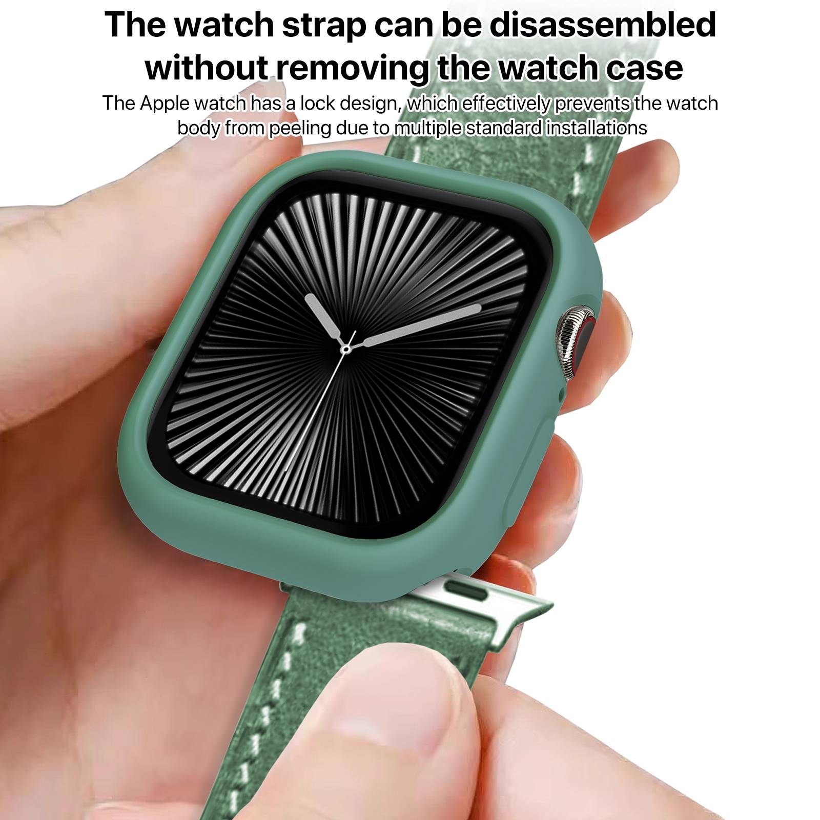 Hand entfernt ein grünes Uhrenarmband von einem Apple Watch Gehäuse; der Text besagt, dass das Armband ohne Entfernung des Gehäuses zerlegt werden kann.
