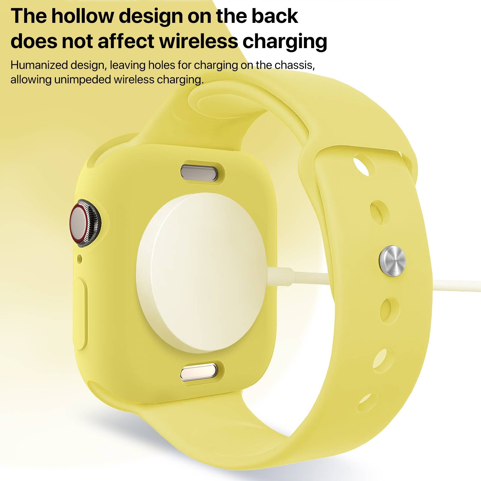 Gelbes Smartwatch-Armband mit hohlem Rückendesign, das zeigt, dass drahtloses Laden läuft; der Text besagt, dass dies das Laden nicht beeinträchtigt.