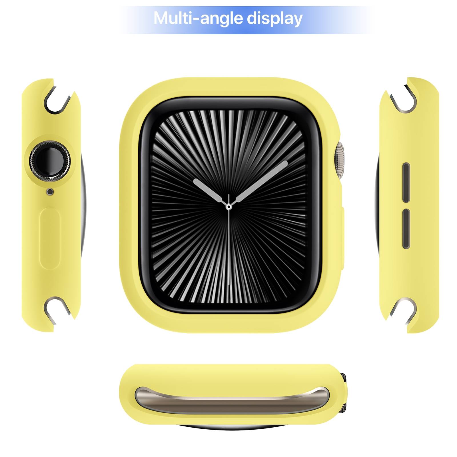 Gelbe Smartwatch aus mehreren Blickwinkeln gezeigt, mit quadratischem schwarzem Analogzifferblatt und Seitentasten; beschriftet mit „Multi-Winkel-Anzeige