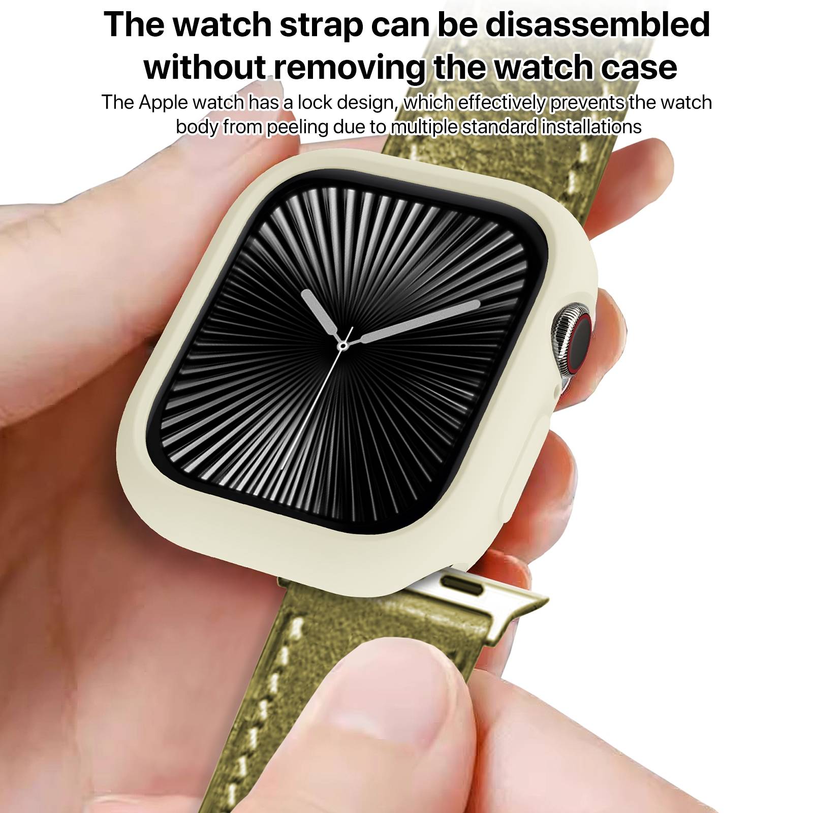 Hand hält eine Apple Watch mit grünem Armband, während das Armband gerade zerlegt wird; der Text besagt, dass das Armband entfernt werden kann, ohne das Uhrengehäuse abnehmen zu müssen.