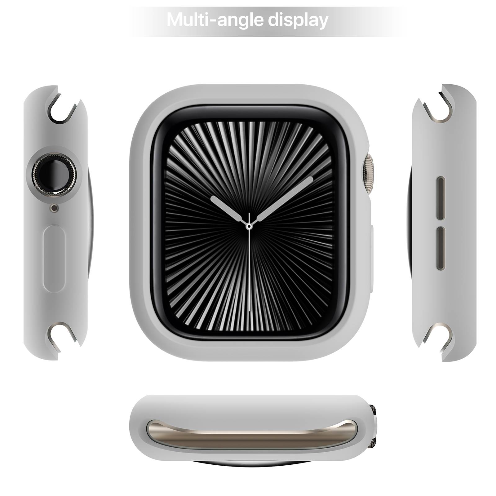 Apple Watch aus mehreren Winkeln gezeigt, mit Hervorhebung des vorderen Displays und der Seitenschaltfläche, der digitalen Krone und des Gehäusedesigns.
