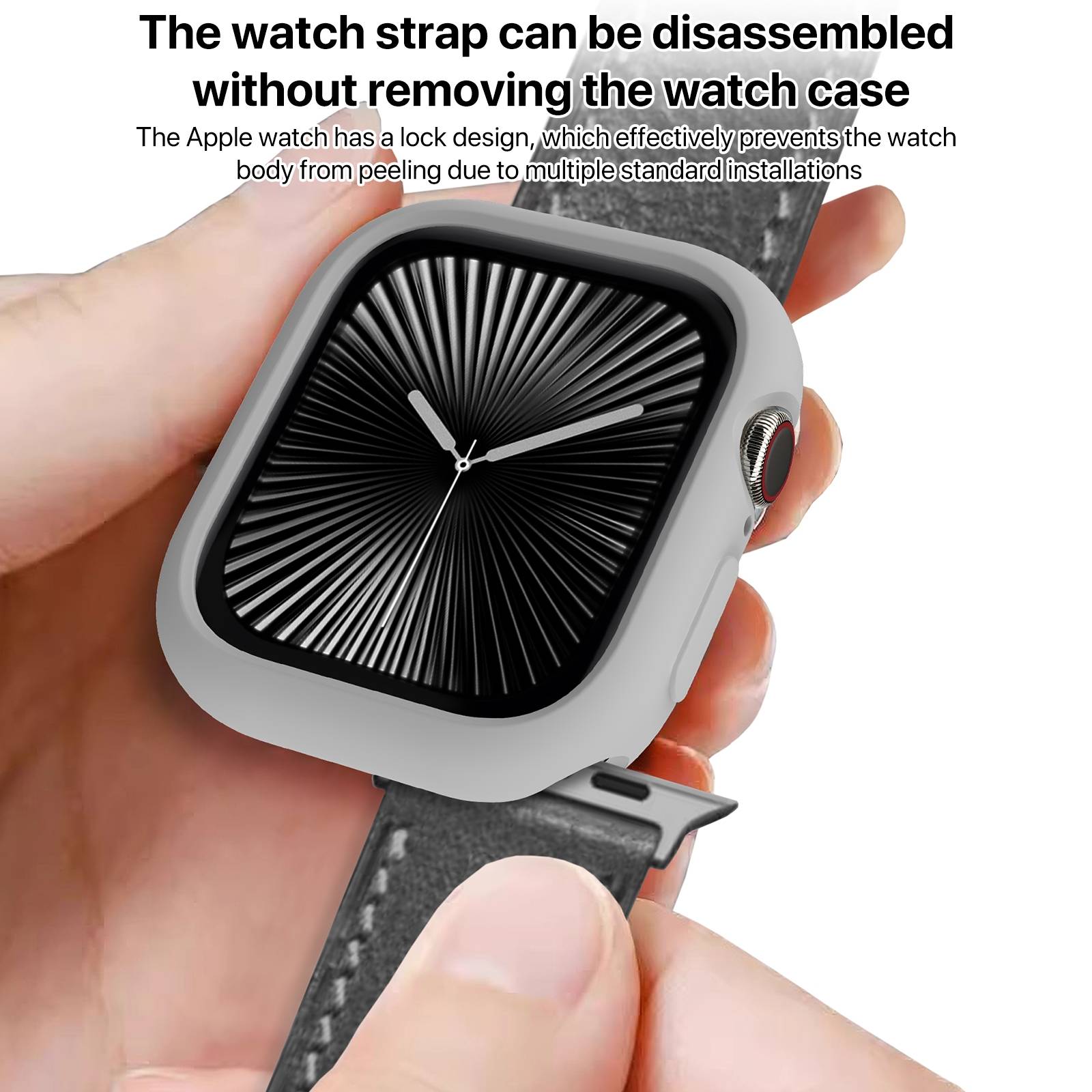 Hand, die eine Apple Watch hält, während sie das Armband auseinanderzieht, wobei ein Verschlusssystem zu sehen ist, das ermöglicht, das Uhrenarmband auseinanderzunehmen, ohne das Gehäuse zu entfernen.