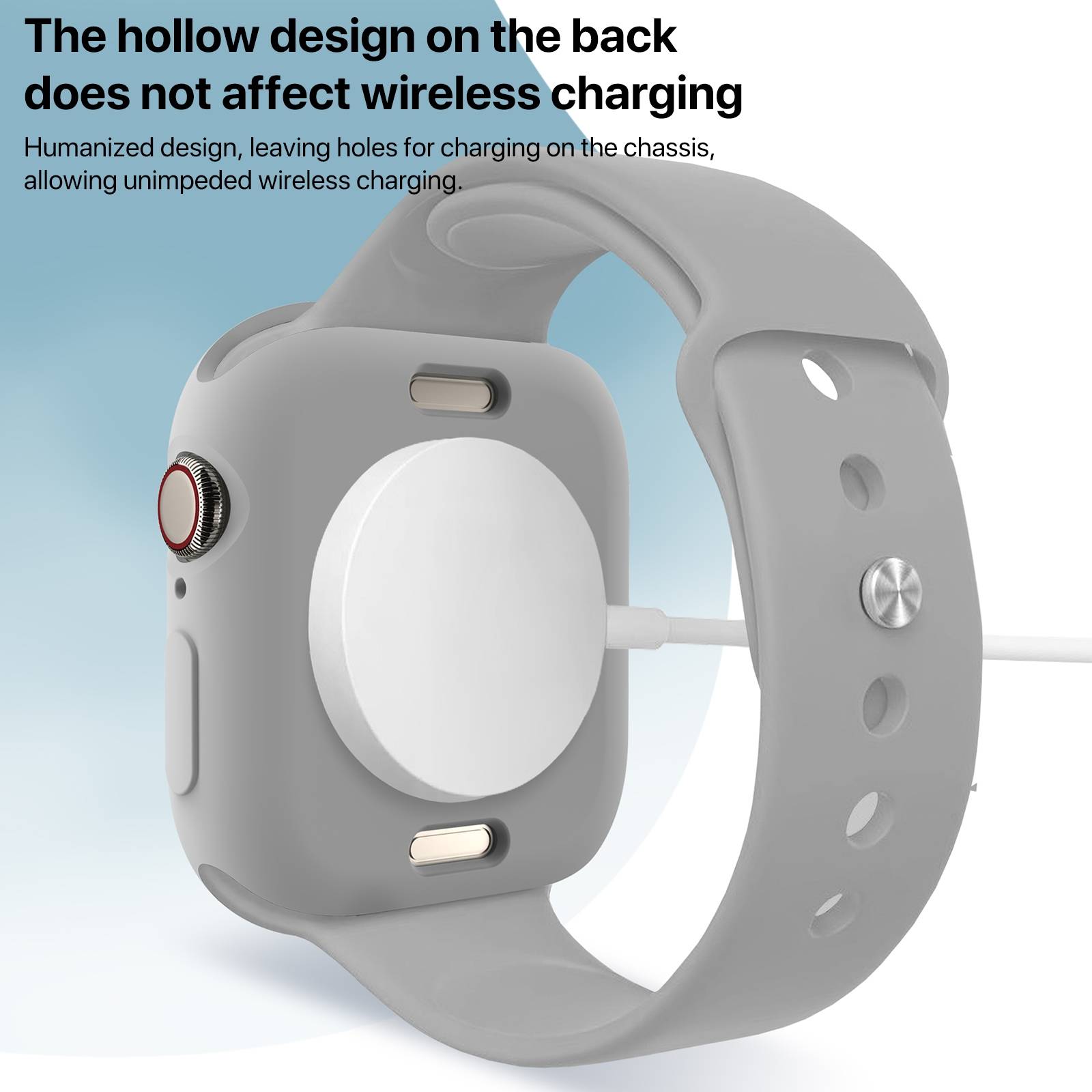 Graue Smartwatch mit hohlem Rücken und angebrachtem Ladepad, das zeigt, dass das Design das kabellose Laden nicht blockiert.