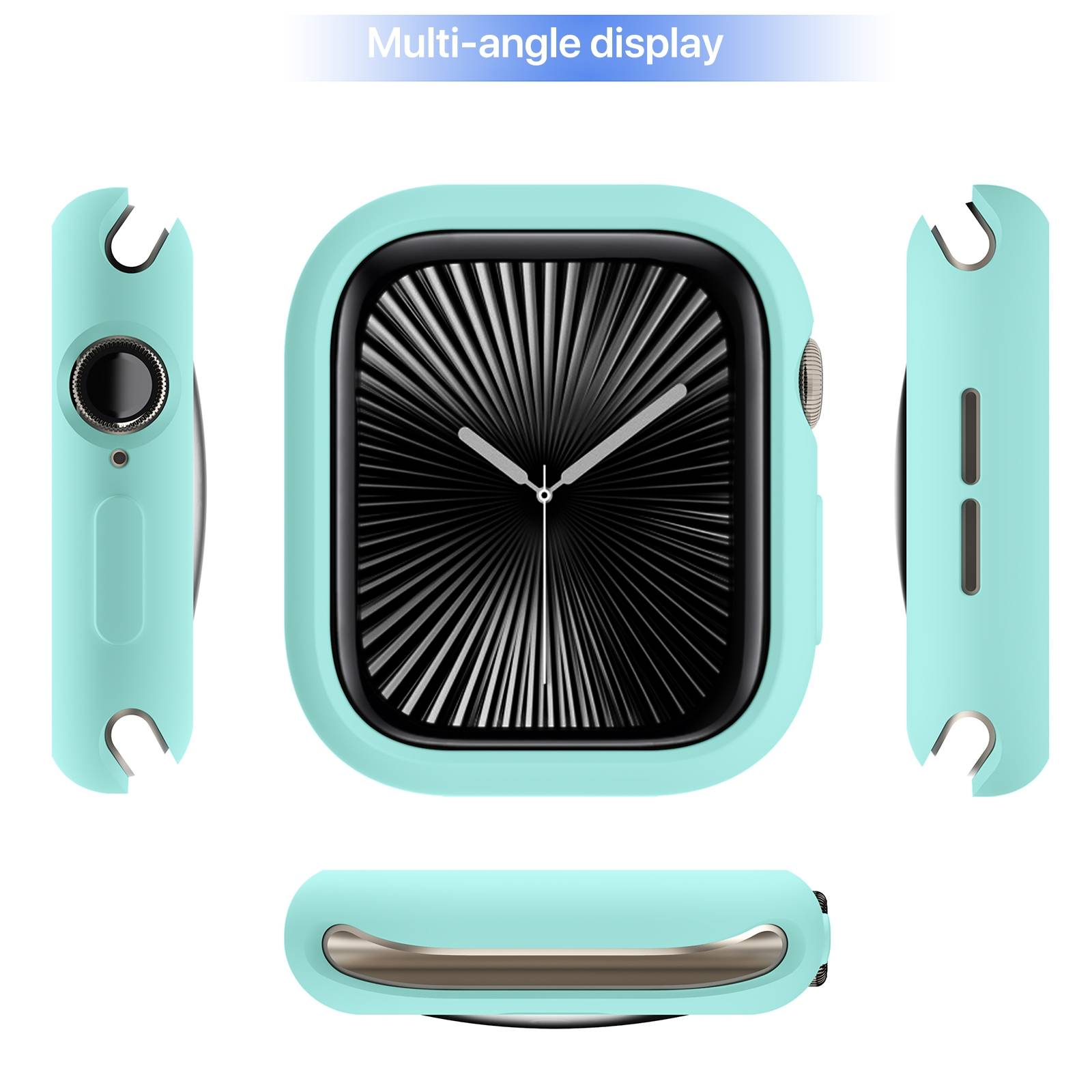 Mehransichtiger Blick auf eine mintgrüne quadratische Smartwatch mit schwarzem Display und seitlichen Tasten, gezeigt von vorne, von der Seite und von unten; Text liest 