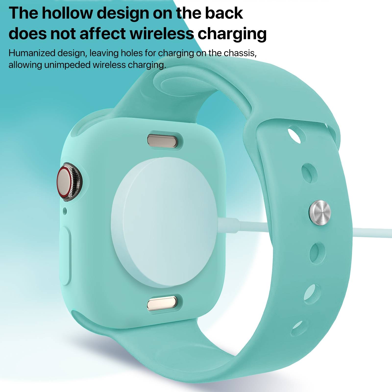 Mintgrünes Smartwatch-Armband mit hohlem Rückendesign wird kabellos auf einem runden Magnetladegerät aufgeladen; der Text besagt, dass das Design das kabellose Laden nicht beeinträchtigt.