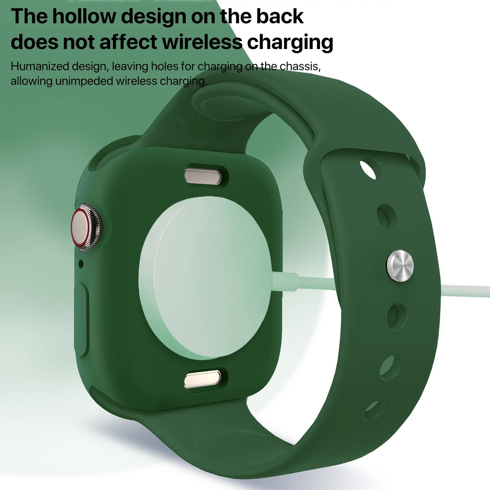 Grüne Smartwatch-Schutzhülle mit hohler Rückseite und angebrachtem Ladekabel; der Text besagt, dass das Design die kabelloses Laden nicht beeinträchtigt.