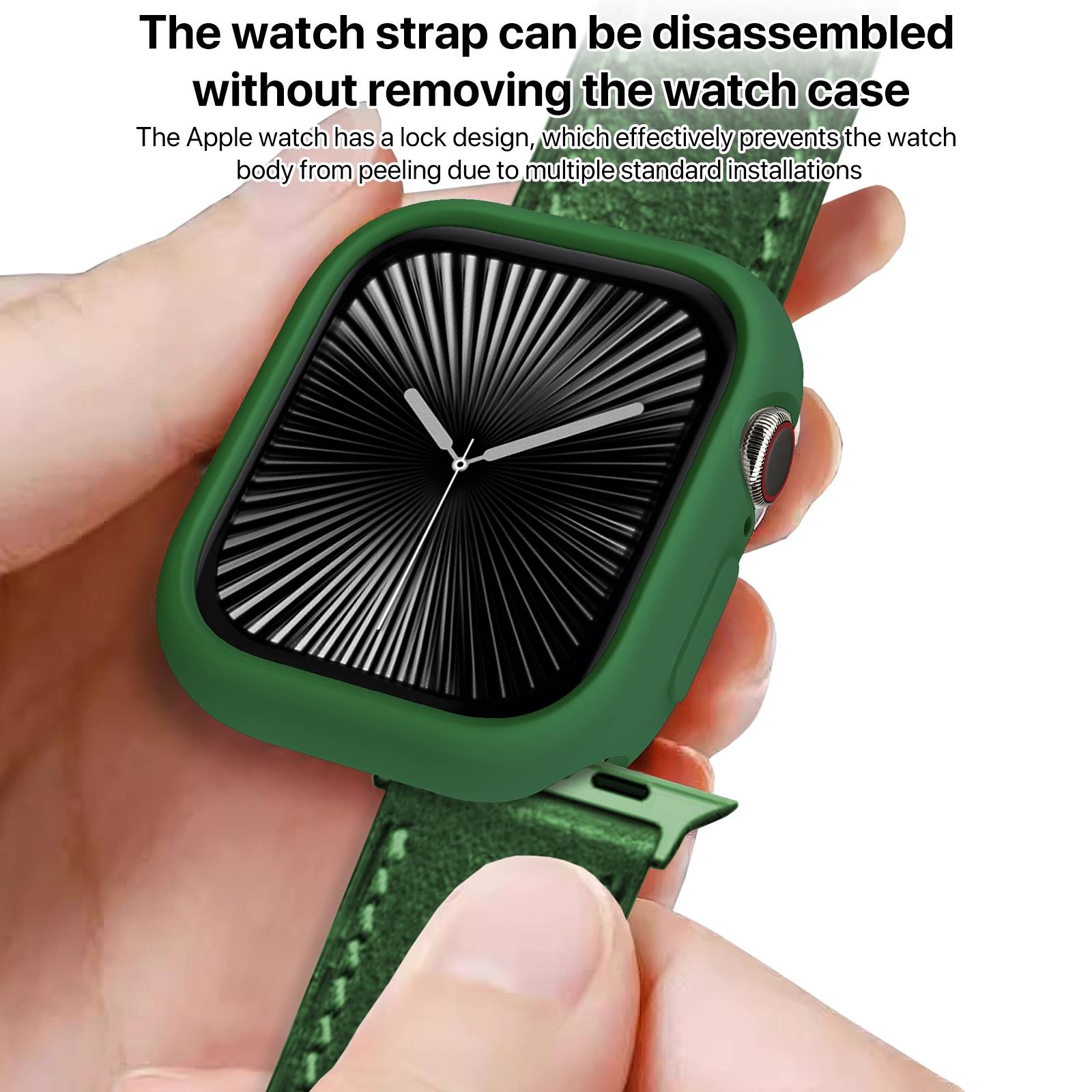 Eine Hand hält eine Apple Watch in einem grünen Schutzgehäuse, während das Armband abgelöst wird, mit Text, der erklärt, dass das Armband zerlegt werden kann, ohne das Uhrengehäuse zu entfernen.