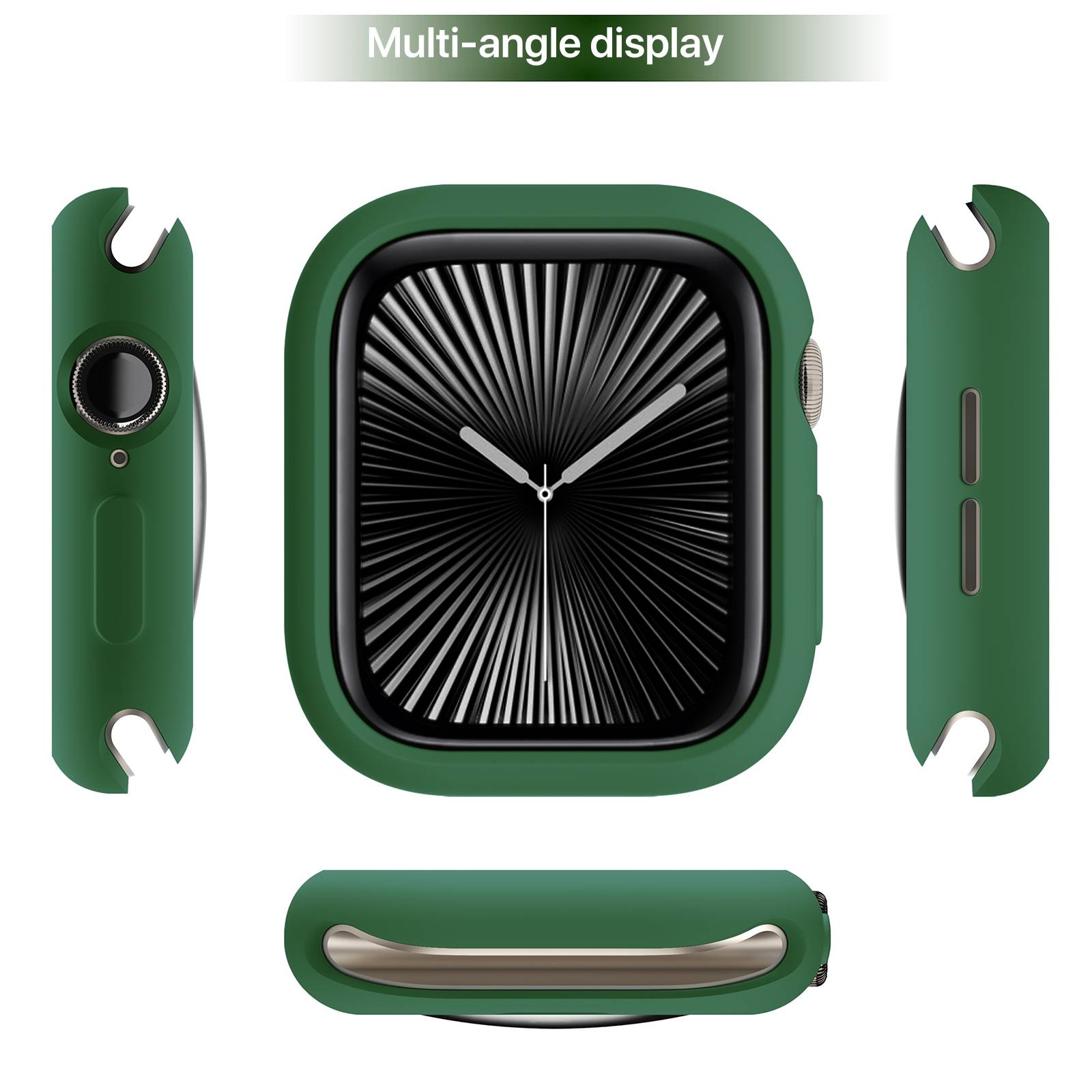 Grüne Smartwatch aus mehreren Blickwinkeln gezeigt, wobei das vordere Display und Seitenansichten des Gehäuses und des Armbands hervorgehoben werden.