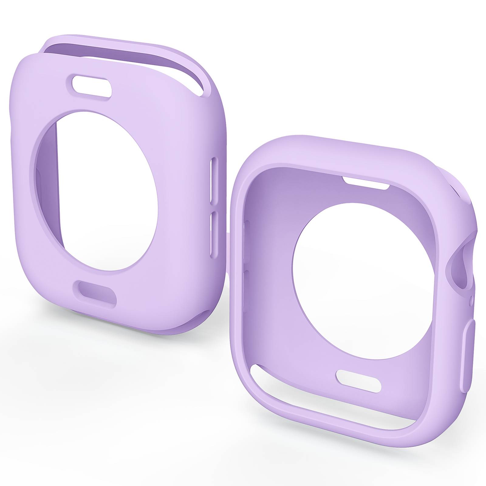 Zwei Schutzhüllen aus Silikon in Lavendelfarbe, in verschiedenen Winkeln dargestellt, mit großen ovalen Aussparungen und Tastenöffnungen, vermutlich für eine Smartwatch.
