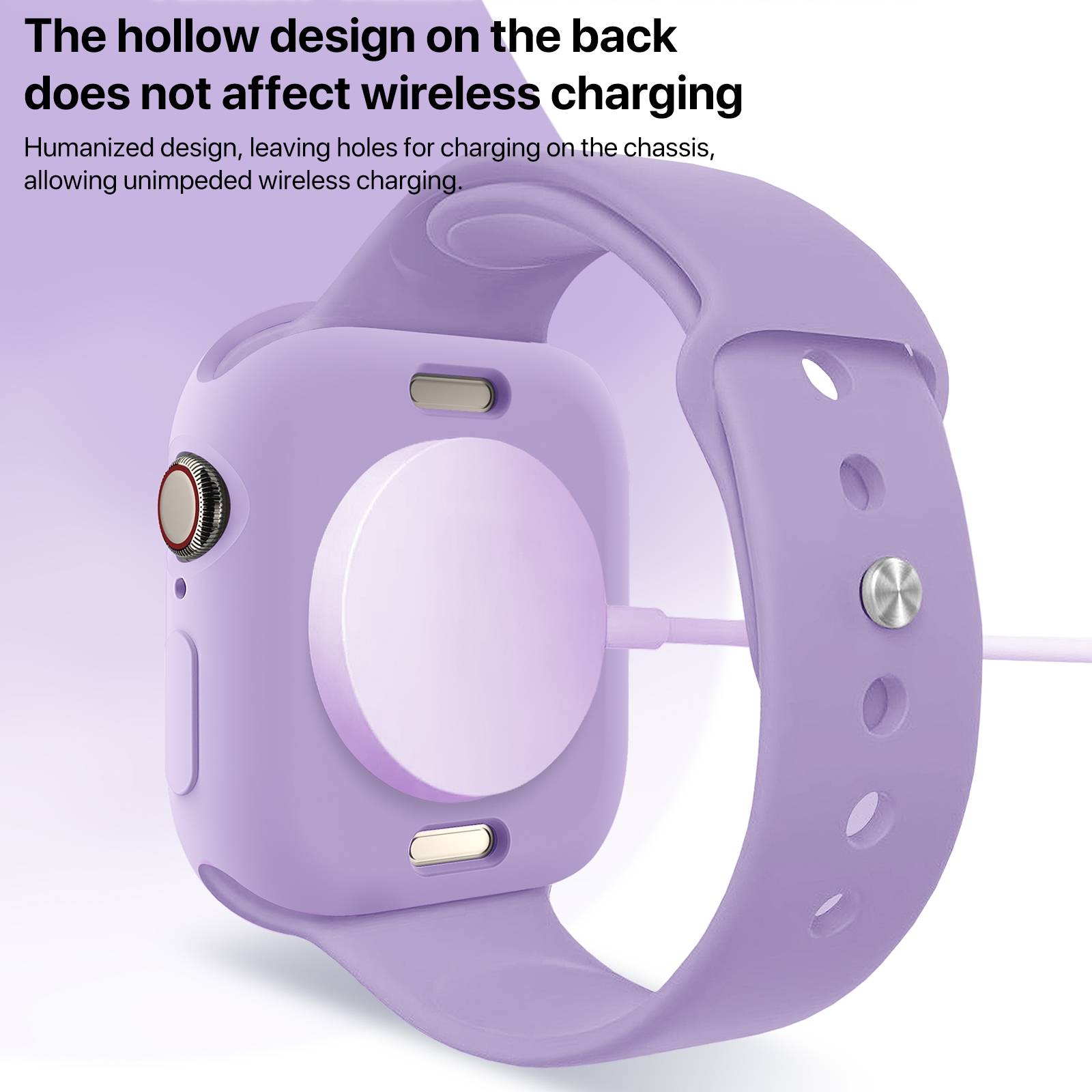 Lavender-Smartwatch mit hohlem Rücken und angebrachtem Ladepuck, das zeigt, dass das kabellose Laden durch das Design funktioniert.